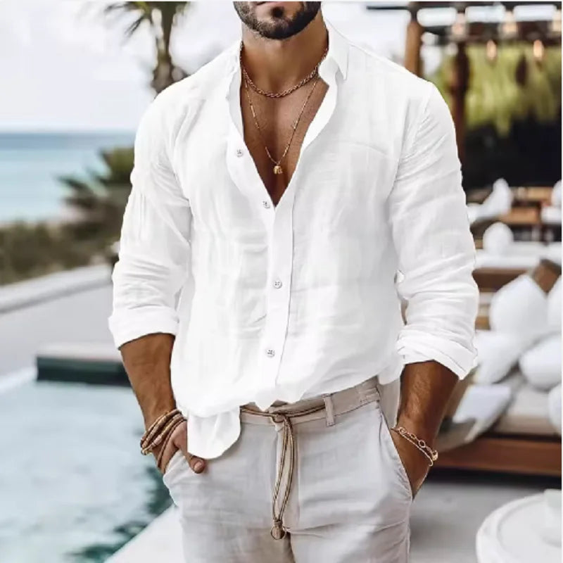 Cotton  Shirt for Men Summer Beach Style Solid Color Single Breasted Breathable Shirts Lightweight Stylish Button Tops