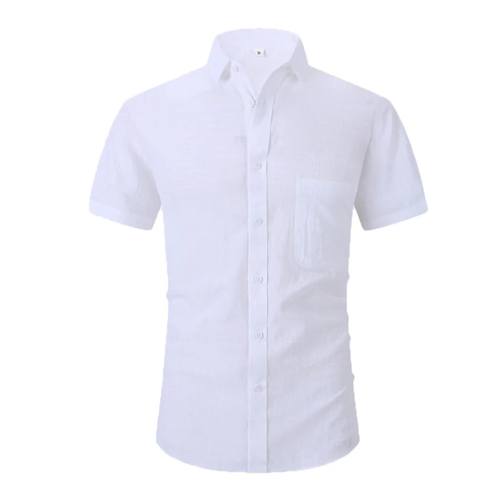 Cotton Line Hot Sale Men's Short-Sleeved Shirts Summer Solid Color  Turn-down collar Casual Beach Style Plus Size