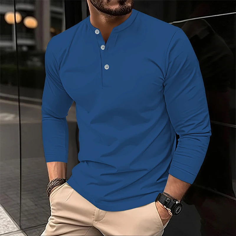 2025 Men's Summer Long Sleeve Henry Polo Casual Breathable Comfortable Polo Shirt Solid High Quality Male T-Shirt Dropshipping