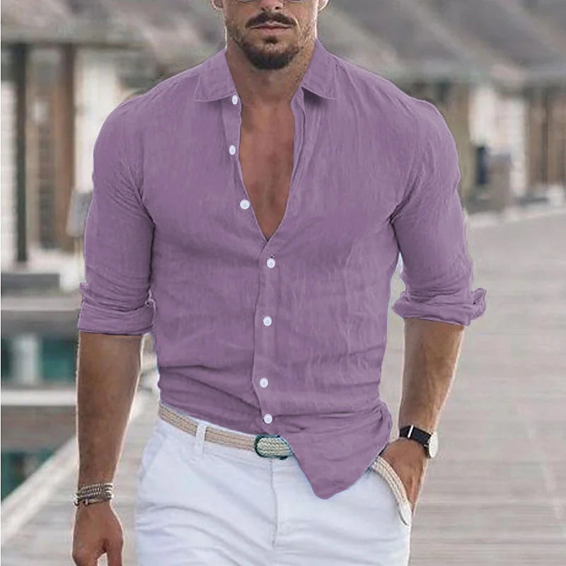 Cotton  Shirt for Men Summer Beach Style Solid Color Single Breasted Breathable Shirts Lightweight Stylish Button Tops