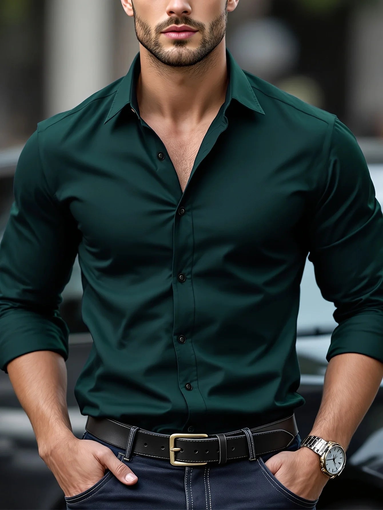 FGKKS New Men Casual Shirt Brand Fashion Solid Color Long Sleeve Elastic Fabric Male Business Dress Shirt