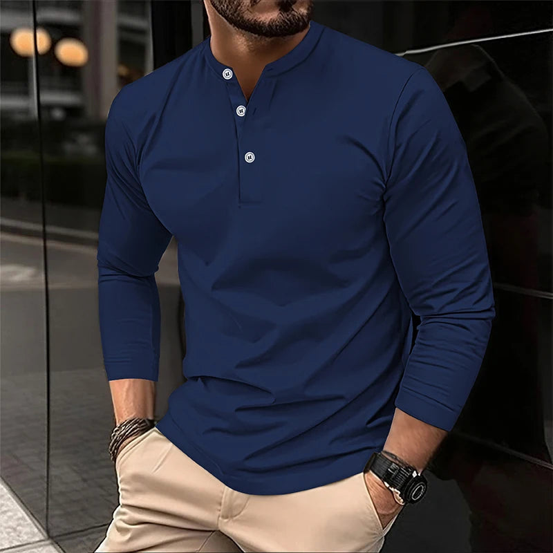 2025 Men's Summer Long Sleeve Henry Polo Casual Breathable Comfortable Polo Shirt Solid High Quality Male T-Shirt Dropshipping
