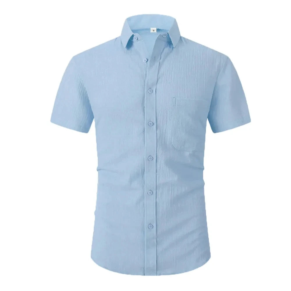 Cotton Line Hot Sale Men's Short-Sleeved Shirts Summer Solid Color  Turn-down collar Casual Beach Style Plus Size