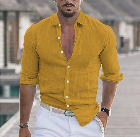 Cotton  Shirt for Men Summer Beach Style Solid Color Single Breasted Breathable Shirts Lightweight Stylish Button Tops