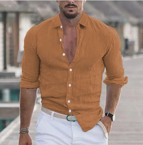 Cotton  Shirt for Men Summer Beach Style Solid Color Single Breasted Breathable Shirts Lightweight Stylish Button Tops