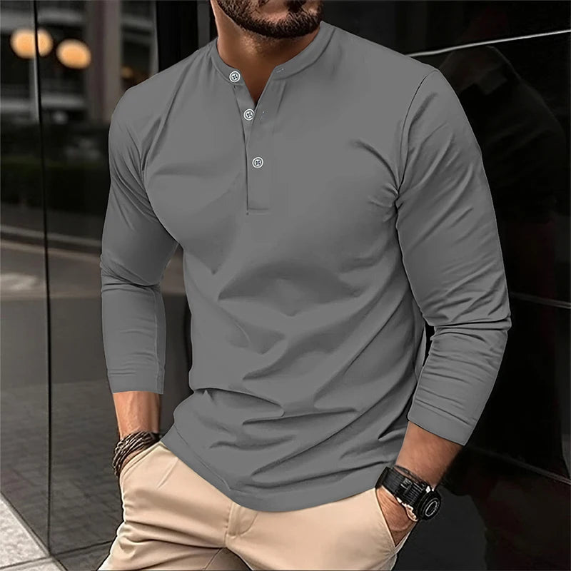 2025 Men's Summer Long Sleeve Henry Polo Casual Breathable Comfortable Polo Shirt Solid High Quality Male T-Shirt Dropshipping
