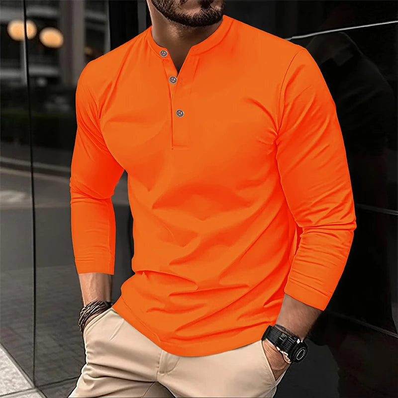 2025 Men's Summer Long Sleeve Henry Polo Casual Breathable Comfortable Polo Shirt Solid High Quality Male T-Shirt Dropshipping