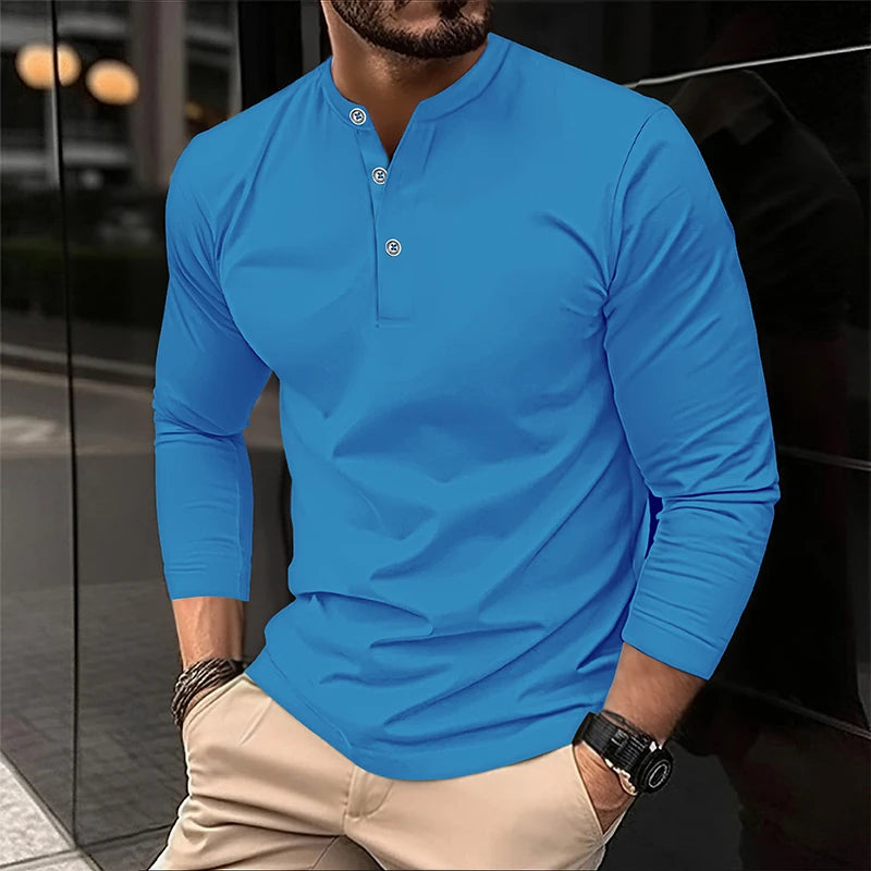 2025 Men's Summer Long Sleeve Henry Polo Casual Breathable Comfortable Polo Shirt Solid High Quality Male T-Shirt Dropshipping