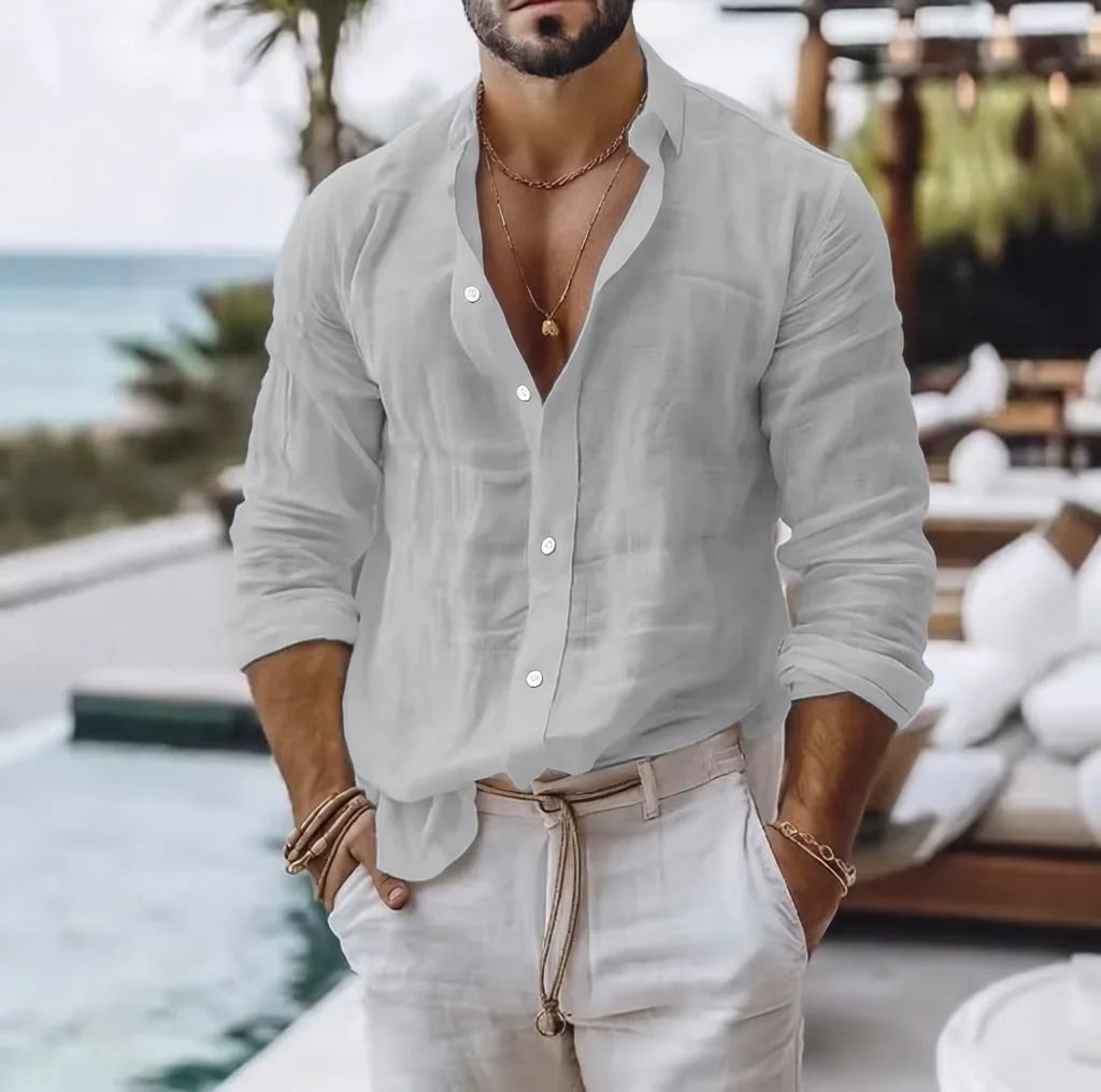 Cotton  Shirt for Men Summer Beach Style Solid Color Single Breasted Breathable Shirts Lightweight Stylish Button Tops