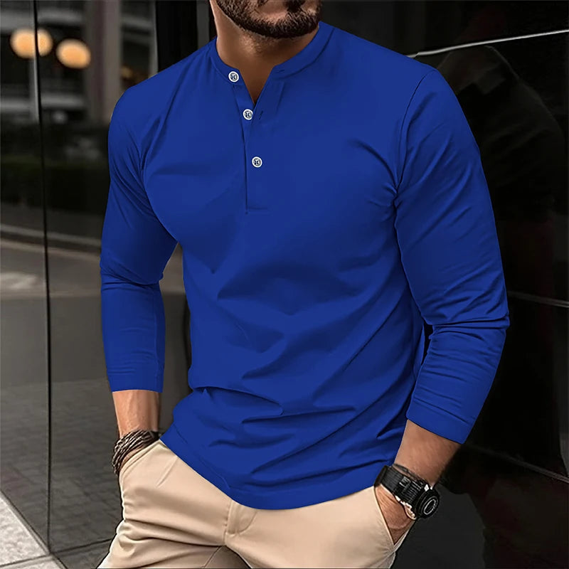 2025 Men's Summer Long Sleeve Henry Polo Casual Breathable Comfortable Polo Shirt Solid High Quality Male T-Shirt Dropshipping