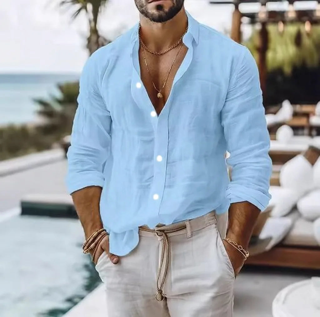 Cotton  Shirt for Men Summer Beach Style Solid Color Single Breasted Breathable Shirts Lightweight Stylish Button Tops