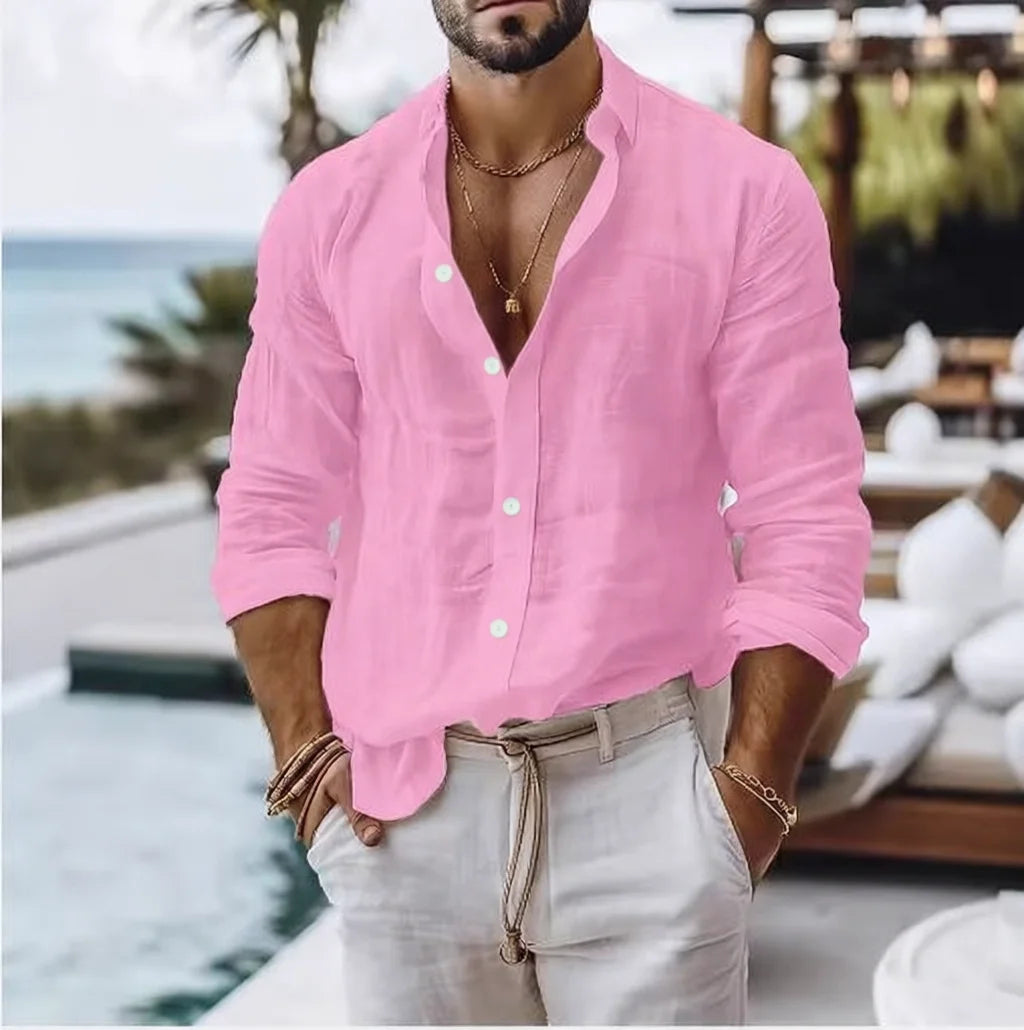 Cotton  Shirt for Men Summer Beach Style Solid Color Single Breasted Breathable Shirts Lightweight Stylish Button Tops