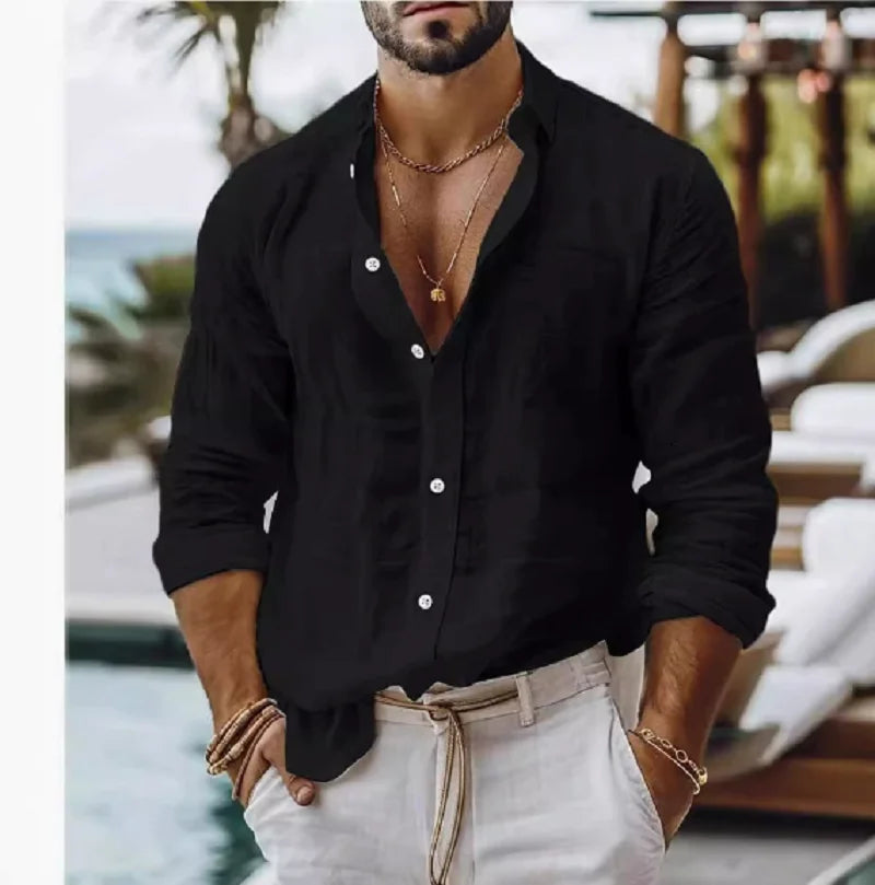 Cotton  Shirt for Men Summer Beach Style Solid Color Single Breasted Breathable Shirts Lightweight Stylish Button Tops
