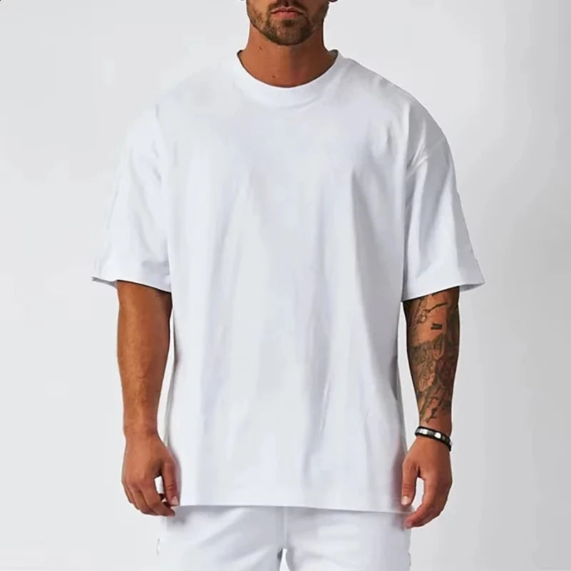 Cotton Mens Blank T-Shirt White Oversized Retro Solid Color T-Shirt Large Size Mens Womens Fashion Short Sleeve Mens T-Shirt